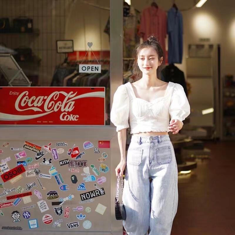 法式小个子泡泡袖方领雪纺衫女夏季新款短袖上衣洋气设计感小众